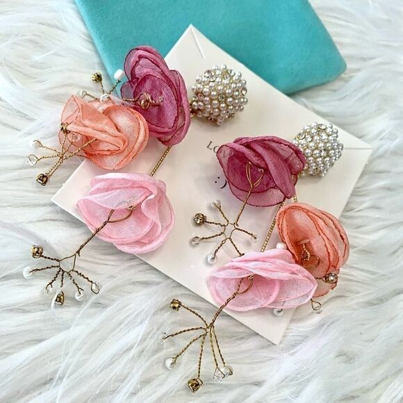 New mesh flower and pearl earrings(Silver Needle) - Picture 1 of 14